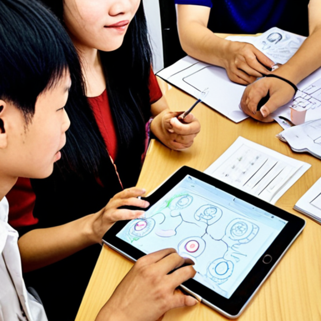 **

A diverse group of Vietnamese people participating in a user research session for a new mobile app. Some are sketching ideas on paper, while others are giving feedback on a low-fidelity prototype displayed on a tablet. The scene is bright and collaborative, emphasizing empathy and understanding user needs. The overall feeling is positive and focused on solving problems.

**