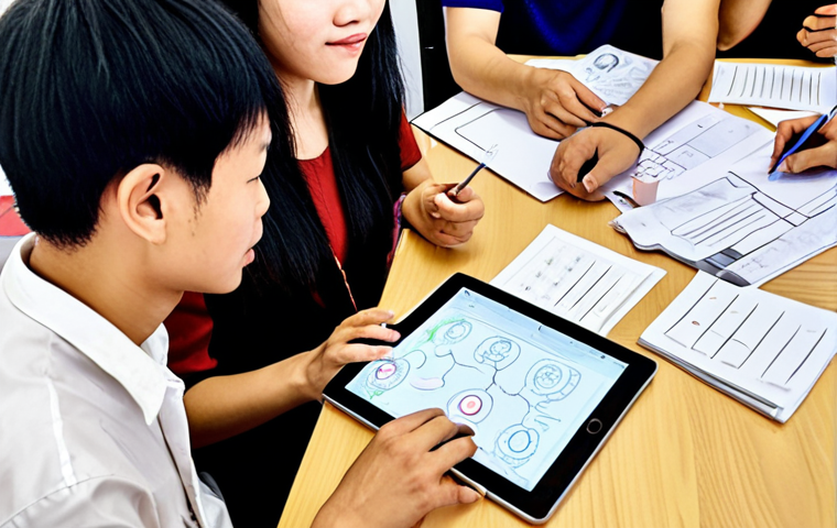 **

A diverse group of Vietnamese people participating in a user research session for a new mobile app. Some are sketching ideas on paper, while others are giving feedback on a low-fidelity prototype displayed on a tablet. The scene is bright and collaborative, emphasizing empathy and understanding user needs. The overall feeling is positive and focused on solving problems.

**