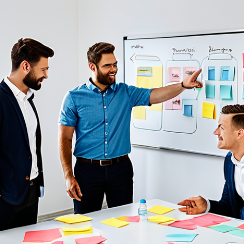 A diverse team of professionals, including a businessman and a businesswoman, actively participating in a Design Thinking workshop in a bright, modern office. They are gathered around a large table covered with sticky notes and a whiteboard displaying a customer journey map. Team members are fully clothed in professional business attire, engaging in lively discussion, listening attentively, and making eye contact, showcasing strong collaboration and empathetic understanding. The setting is clean and well-organized, with natural light filtering in. Perfect anatomy, correct proportions, natural poses, well-formed hands, proper finger count, natural body proportions. Safe for work, appropriate content, fully clothed, professional, high quality.