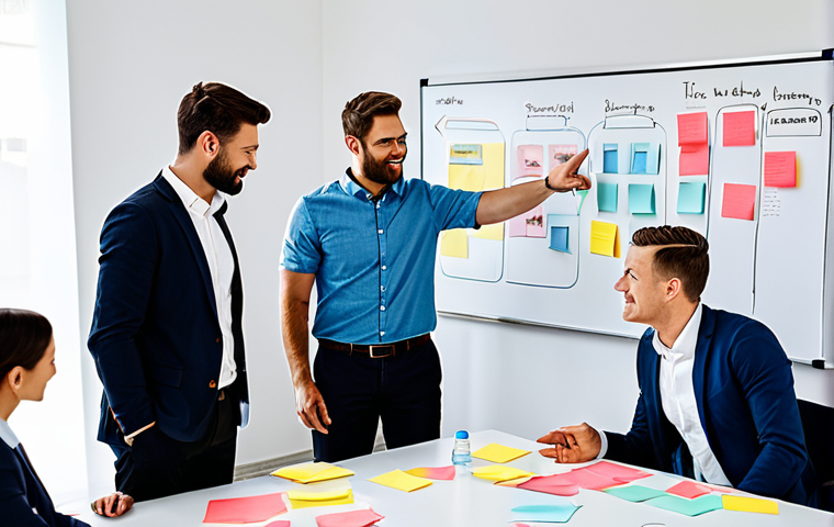 A diverse team of professionals, including a businessman and a businesswoman, actively participating in a Design Thinking workshop in a bright, modern office. They are gathered around a large table covered with sticky notes and a whiteboard displaying a customer journey map. Team members are fully clothed in professional business attire, engaging in lively discussion, listening attentively, and making eye contact, showcasing strong collaboration and empathetic understanding. The setting is clean and well-organized, with natural light filtering in. Perfect anatomy, correct proportions, natural poses, well-formed hands, proper finger count, natural body proportions. Safe for work, appropriate content, fully clothed, professional, high quality.