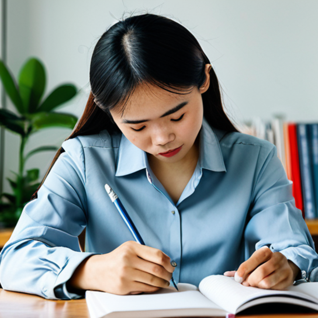 Discovering Core Values**

*Prompt:* A young Vietnamese professional, sitting thoughtfully in a modern co-working space in Ho Chi Minh City, surrounded by inspiring books and sketches, writing in a notebook. Focus on a sense of self-reflection and purpose.  Keywords: safe for work, professional, appropriate content, fully clothed, high quality, perfect anatomy, natural proportions, well-formed hands, modest clothing.

**