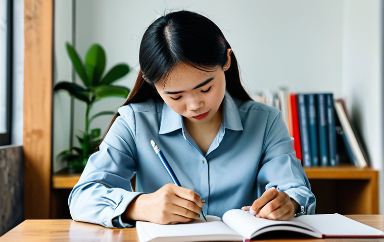 Discovering Core Values**

*Prompt:* A young Vietnamese professional, sitting thoughtfully in a modern co-working space in Ho Chi Minh City, surrounded by inspiring books and sketches, writing in a notebook. Focus on a sense of self-reflection and purpose.  Keywords: safe for work, professional, appropriate content, fully clothed, high quality, perfect anatomy, natural proportions, well-formed hands, modest clothing.

**