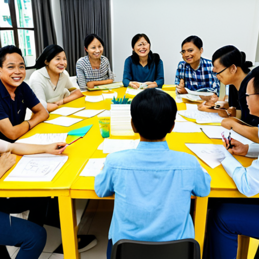 **

A diverse group of Vietnamese people, fully clothed in casual but appropriate attire, brainstorming ideas around a table covered in sketches and sticky notes. The setting is a bright, modern community center in Ho Chi Minh City. Focus on collaboration and positive energy. "Safe for work," "appropriate content," "fully clothed," "family-friendly," "perfect anatomy," "correct proportions," "natural pose," "professional photography," "high quality."

**