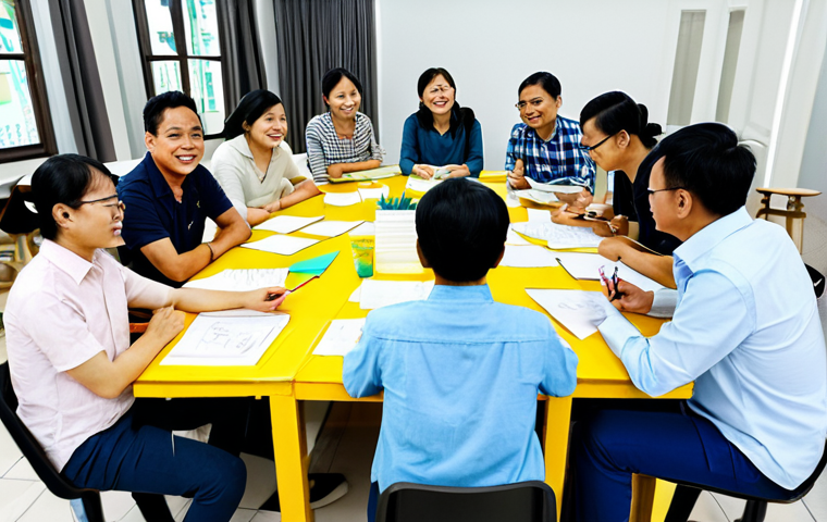 **

A diverse group of Vietnamese people, fully clothed in casual but appropriate attire, brainstorming ideas around a table covered in sketches and sticky notes. The setting is a bright, modern community center in Ho Chi Minh City. Focus on collaboration and positive energy. "Safe for work," "appropriate content," "fully clothed," "family-friendly," "perfect anatomy," "correct proportions," "natural pose," "professional photography," "high quality."

**