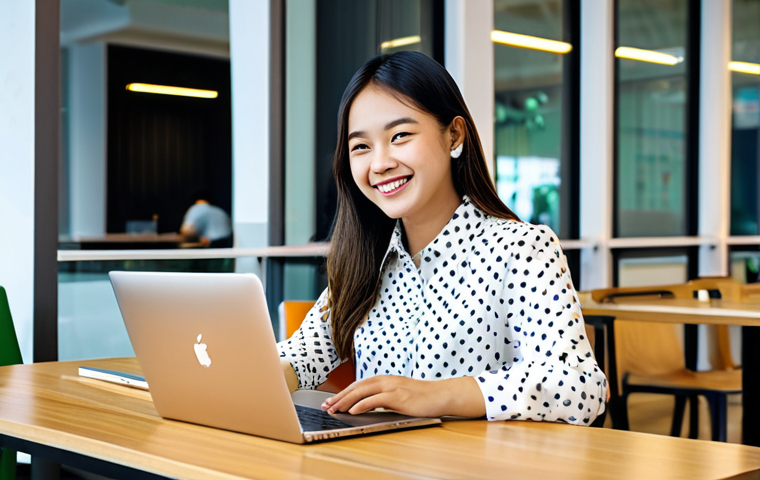 ** A young woman, fully clothed in a modest business casual outfit (blouse and slacks), smiling confidently while working on a laptop at a brightly lit co-working space in Ho Chi Minh City. Background includes modern furniture and other people working. Safe for work, appropriate content, professional, perfect anatomy, natural pose.

**