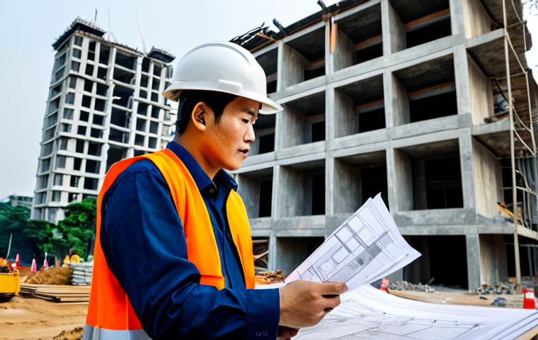 디자인 씽킹 프로세스에서의 프로토타입 제작 - **

"A Vietnamese architect, fully clothed in professional attire, reviewing blueprints on a constru...