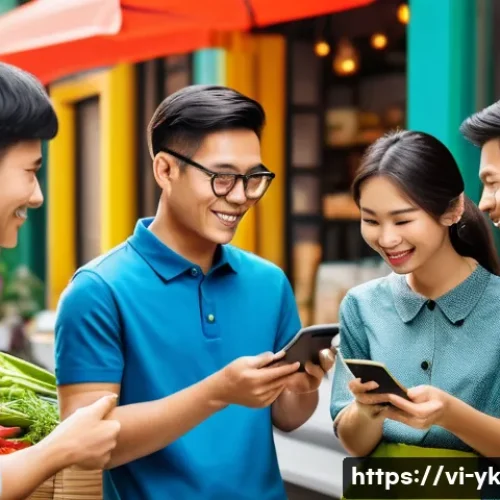 디자인 씽킹과 고객 여정의 통합적 이해 - A modern Vietnamese marketplace scene illustrating a diverse group of customers engaging with digita...