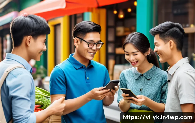 디자인 씽킹과 고객 여정의 통합적 이해 - A modern Vietnamese marketplace scene illustrating a diverse group of customers engaging with digita...