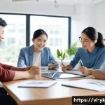 디자인 씽킹 실전에서의 협업과 의사소통 전략 - A diverse Vietnamese design team collaborating around a modern conference table in a bright office, ...