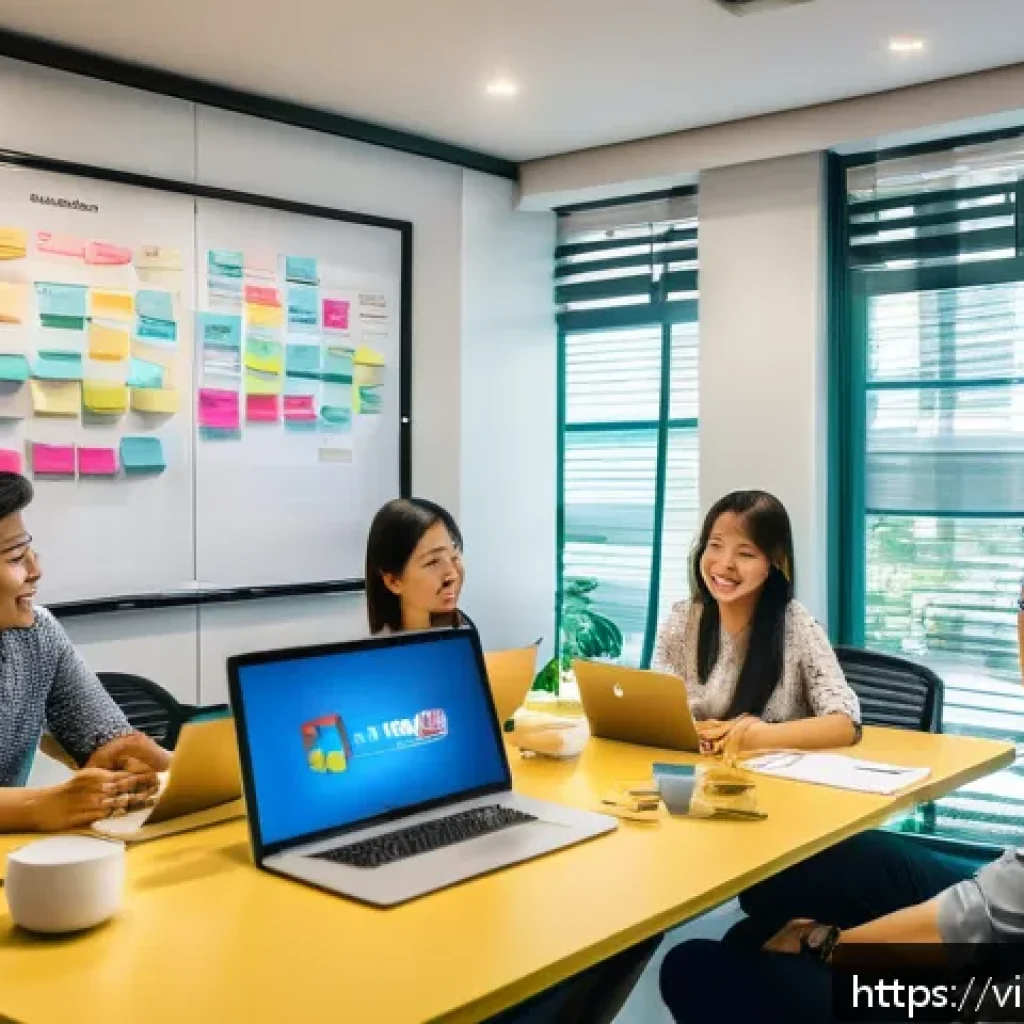 디자인 씽킹 실습을 위한 자료 준비하기 - A vibrant office meeting room in Vietnam with a diverse team of professionals actively engaged in a ...