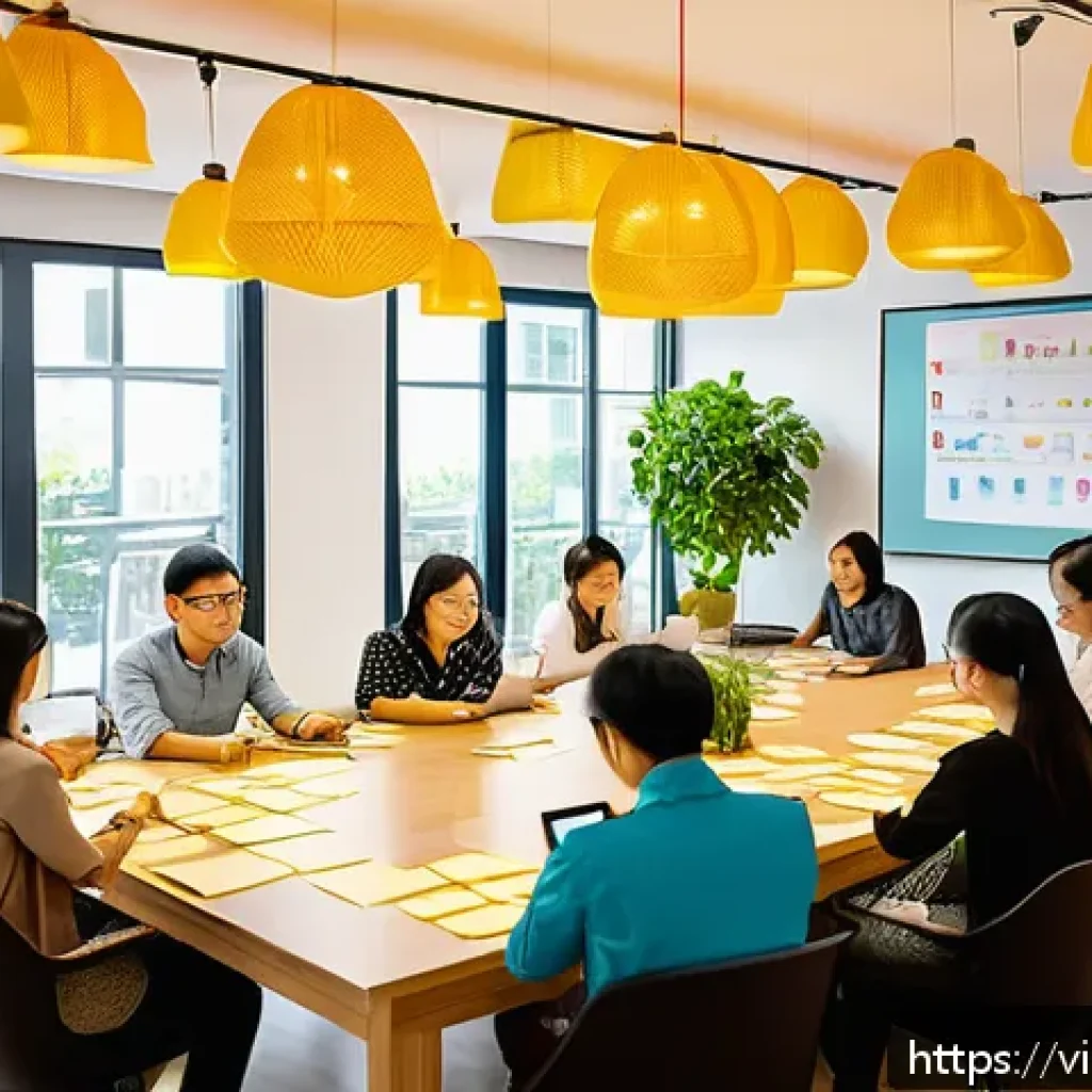 디자인 씽킹과 고객 참여의 중요성 - A modern Vietnamese office scene showing a diverse group of professionals actively participating in ...