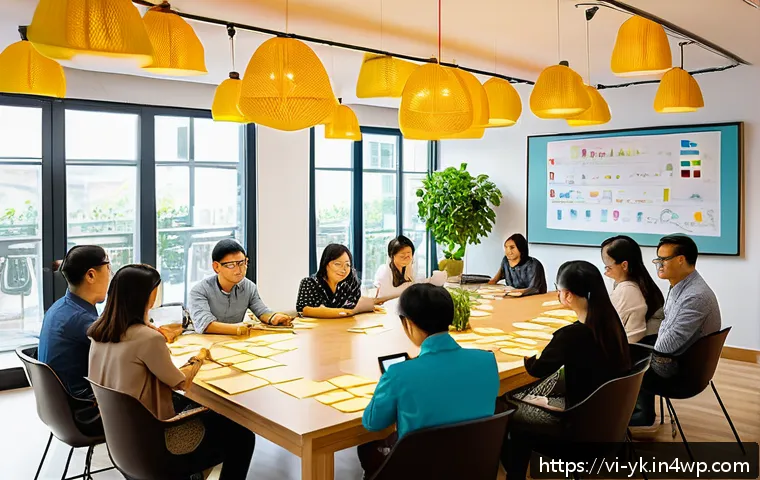 디자인 씽킹과 고객 참여의 중요성 - A modern Vietnamese office scene showing a diverse group of professionals actively participating in ...
